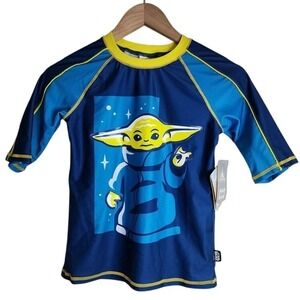 Disney Mandolorian Rashguard Shirt Kids 11/12 Swim Top Blue Green NWT‎